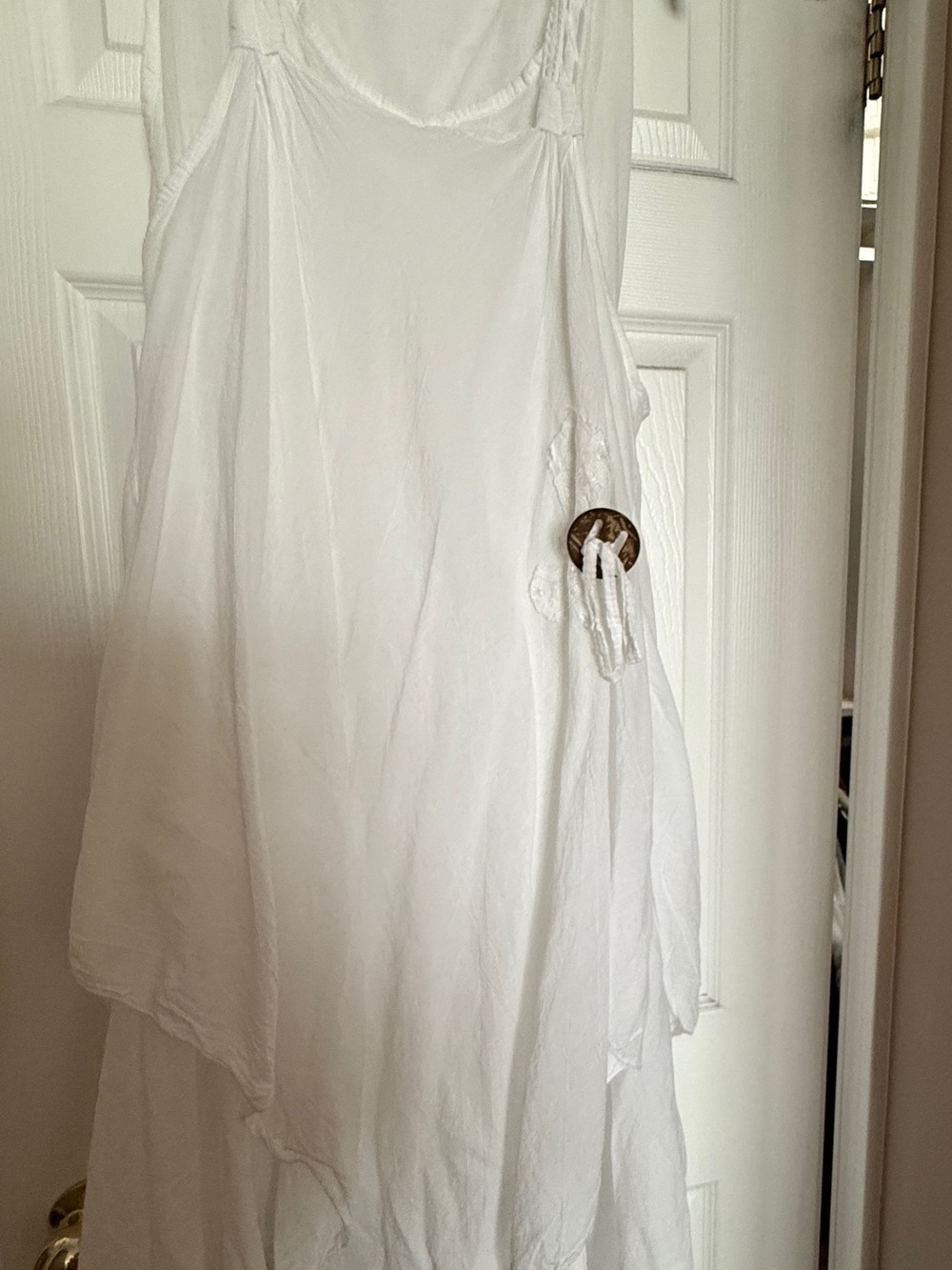 White Flowing Tiered Summer Dress with Wood Button Detail